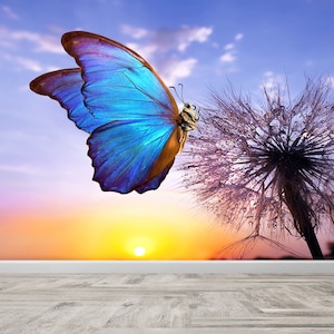 Carta da parati personalizzata, Decorazione da parete con animali, Regalo per lui, Pittura murale con farfalla Morpho e dente di leone, Decorazione da parete al tramonto, Decorazione murale 3D