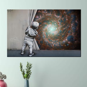 Cosmic Discovery Canvas Wall Art - Graffiti Style Child Opening Curtain to Galaxy Scene Print for Dreamy Modern or Sci-Fi Room Decor