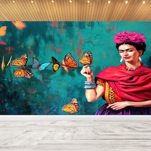 Papier peint amovible, Papier peint lumineux, Motifs et instructions, Cadeau pour la maison, Décoration murale Frida avec des papillons, Papier peint célèbre, Papier 3D,