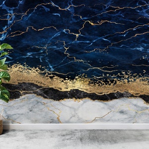 Art Deco Navy Blue Marble Wallpaper: 3D Wall Decor