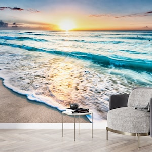 3D Landschaft Wallpaper, Kontaktpapier, Tapete abziehen und aufkleben, Geschenk für das Haus, Sonnenuntergang am Ozean Wandtattoos, Strandblick Papier Handwerk