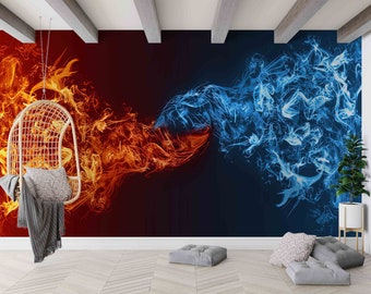 May include: A wall mural featuring a stylized abstract design of blue and orange flames. The flames are swirling and meeting in the middle of the image. The background is a dark blue and red color.