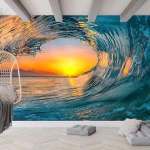 海の波と夕日の壁紙 | サーフトンネルの壁画 | ビーチハウスやリビングルームに貼る海岸風の剥がして貼るウォールアート