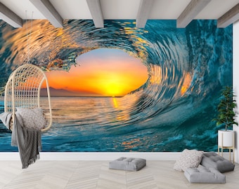 Ocean Wave Sunset Wallpaper: Coastal Peel & Stick Wall Mural