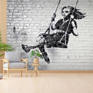 Bordo della carta da parati, elegante sfondo 3D, Papercraft 3D, regalo per la, Banksy Girl su carta digitale Swing, Swing Girl Paper Art, murale 3D