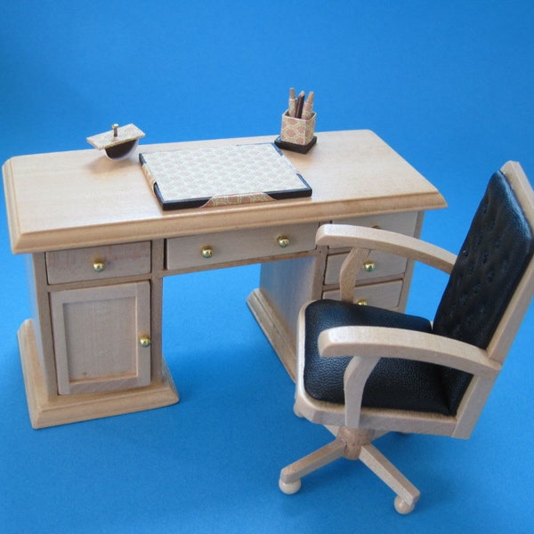 Schreibtisch und Bürostuhl natur unlackiert Lederoptik Puppenhausmöbel Miniaturen 1:12