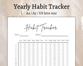 Yearly Habit Tracker Printable Template, Annual Goal Tracker, Routine Tracker, Habit Challenge, Yearly Goal Planner Calendar, A4/A5/Letter