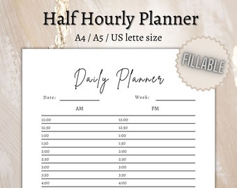 Half Hour Daily Planner Printable, 24 Hour Planner, Bullet Journal Template, Personal Planner Insert, Daily Half Hour Schedule, A4/A5/Letter