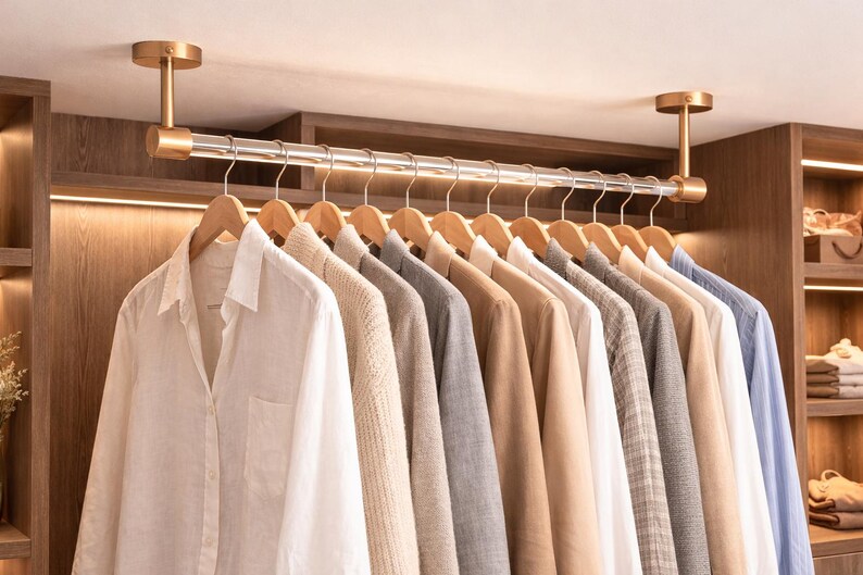 Solid Brass Ceiling Clothes Rail – Custom Acrylic Garment Bar – Modern ...