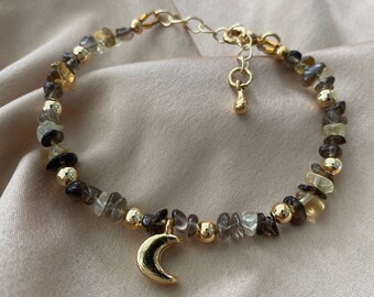 24kt vergulde rookkwarts en citrien maanarmband, Bescherming, Energie, Goddelijk Vrouwelijk, wortelchakra, zonnevlechtsieraden