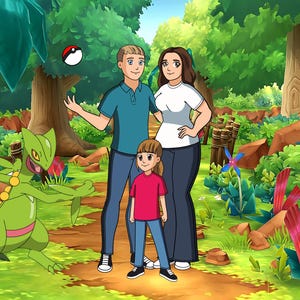 Retrato Pokémon personalizado, ideal para cumpleaños, parejas y fanáticos de Pokémon.
