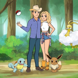Retrato digital personalizado de Pokémon, regalo de aniversario, retrato divertido de pareja