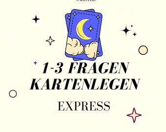 May include: An image with the text "TAROTLIZ" at the top. Two tarot cards with a moon and stars are in the center. The text "1-3 FRAGEN KARTENLEGEN EXPRESS" is below the cards. The background is a light beige color with star and circle accents.
