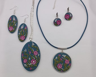 Set of your choice of blue, green and pink floral necklace and pendant and matching earrings