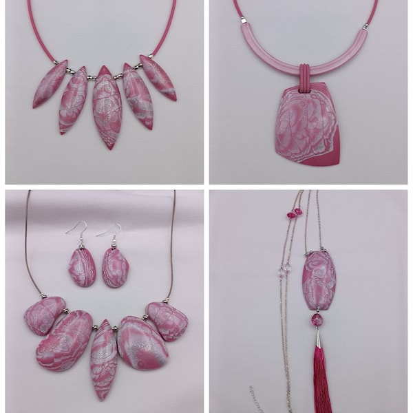 PINK - déclinaison en rose - parure effet cailloux - collier torque et pendentif - collier perles navettes - sautoir pendentif et pompon