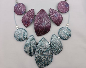 Blue or pink cracked effect polymer clay necklace, wired wire turn