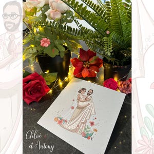 Faire-part de mariage, impression personnalisée des mariés, carte personnalisée, portrait de mariés, illustration couple