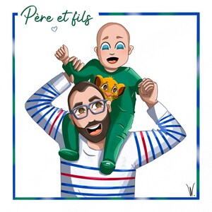 Portrait de famille personnalisé père et fils, idée de cadeau portrait cartoon fête des pères