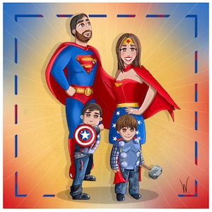 Portrait de famille, portrait de famille personnalisé, portrait cartoon, idée cadeau
