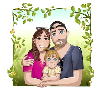 Portrait de famille personnalisé cartoon, idée cadeau fête des mères et fête des pères