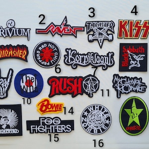 May include: A collection of 17 iron-on patches featuring various rock bands, including Trivium, Raven, Thrasher, Kiss, Red Hot Chili Peppers, Korpiklaani, Black Sabbath, Rush, My Chemical Romance, Bowie, Foo Fighters, White Zombie, and Gorillaz.