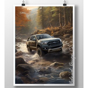 May include: A dark grey Ford Ranger pickup truck drives through a shallow stream in a woodland setting. The truck has large tyres and is driving over rocks. The woodland is in the background and has autumn foliage.