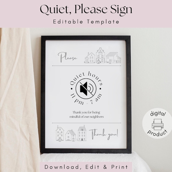 Quiet please sign template for vacation rental | Minimalist noise house rule signage for short term rental host and guest | Edit in Canva