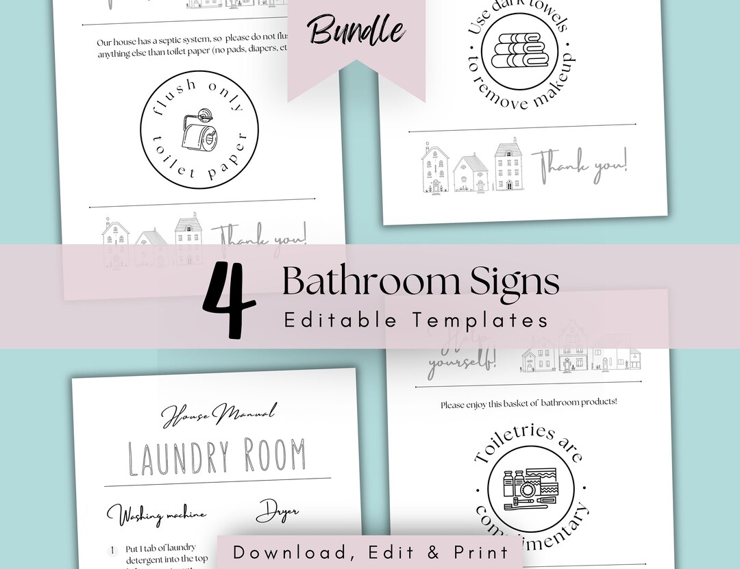 Rental Bathroom Signs Templates Bundle Septic Do Not Flush Sign, Towels