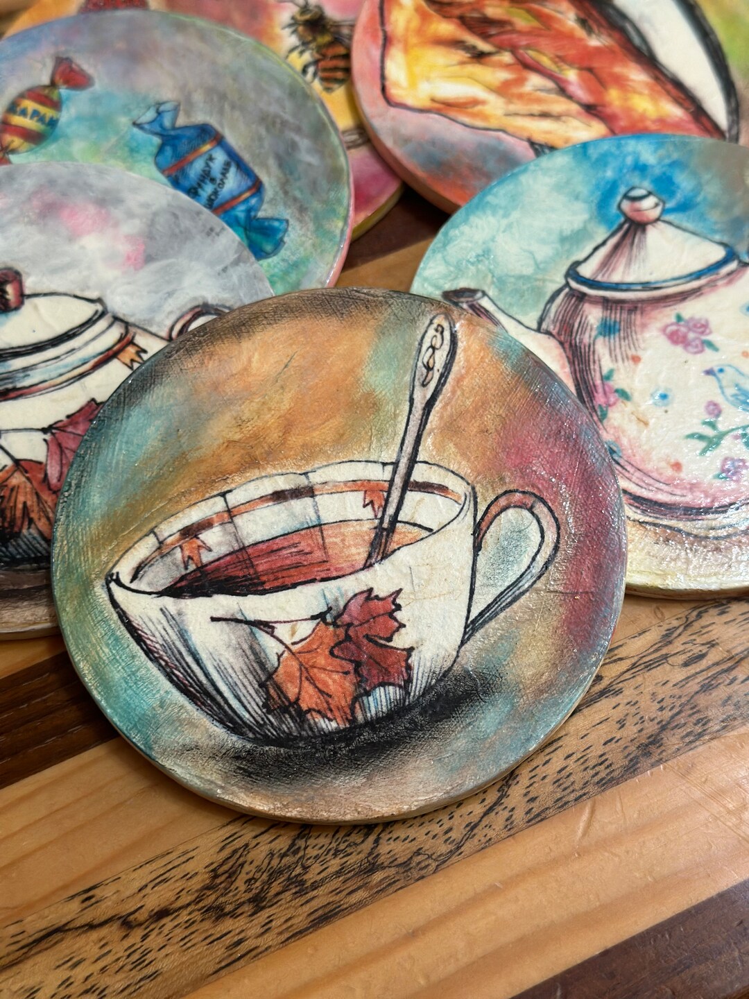 Handmade Wooden Coaster Set With Holder, Hand Painted & Decoupage ...