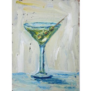 Pintura original de natureza morta de Martini sujo Coquetéis Azeitonas Natureza morta Impasto Pintura a óleo Impressionis Artwork Copo de coquetel e azeitonas Art