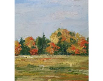 Original Autumn Landscape Oil Painting: Fall Meadow Trees, 8x12"