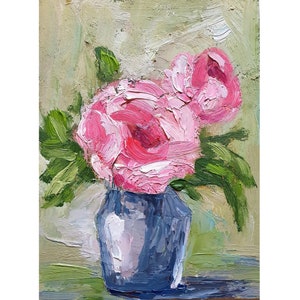 Pintura de peonía Arte original floral Peonías Naturaleza muerta Impasto Pintura al óleo Obra de arte impresionista Jarrón con flores Arte abstracto verde pastel