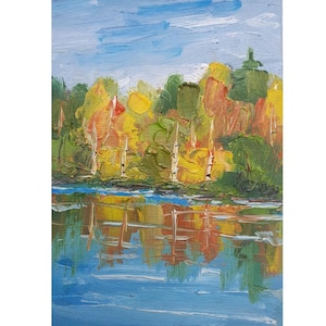 Obraz leśny Aspen Lake, jesienny krajobraz, oryginalna praca olejna w stylu impasto, brzozy, drzewa, sztuka jesiennego krajobrazu Kolorado, jezioro, sztuka autorstwa Desi Guteva