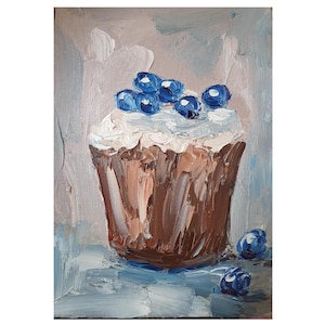 Blueberry Cupcake Painting: Original Oil Impasto Art (5x7)