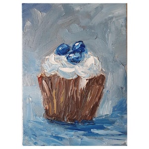 Blueberry Cupcake Painting: Original Oil Impasto Art (5x7)