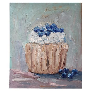 Blueberry Cupcake Painting: Original Oil Impasto Food Art (10x12)