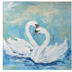 Swan Painting Original Oil Impasto Painting Two Swans Wall Art Birds Painting White Swan Artwork Two Swimming Swans Painting by Desi Guteva