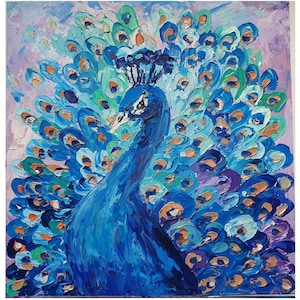 Pintura de pavão 8" por 8" Arte original de pavão Pintura a óleo de impasto de pavão Pintura de animal Arte de pássaro Arte de retrato de animal de estimação Pintura de pássaro azul