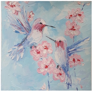 Pintura de colibríes Pintura original al óleo sobre empasto Pájaros y rama floreciente Arte de pared Dos colibríes volando Arte de pared floral