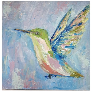 Pintura de beija-flores 8" por 8" Pássaro Arte original Beija-flores Óleo Impasto Pintura Animal Pintura Pássaro Arte Verde Azul Beija-flores Arte