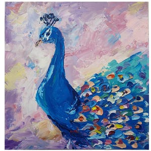 Pintura de pavão 8" por 8" Arte original de pavão Pintura a óleo de impasto de pavão Pintura de animal Arte de pássaro Arte de retrato de animal de estimação Pintura de pássaro azul