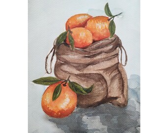 Könnte beinhalten: Ein Aquarellbild eines braunen Jutesacks, gefüllt mit orangefarbenen Mandarinen. Der Sack steht auf einem hellblauen Hintergrund, vor dem Sack liegt eine einzelne Mandarine.