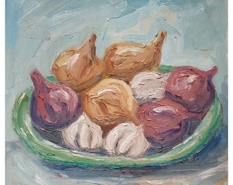油彩画 玉ねぎの静物画 春の玉ねぎの油絵：オリジナルのインパストキッチン静物画（5x7