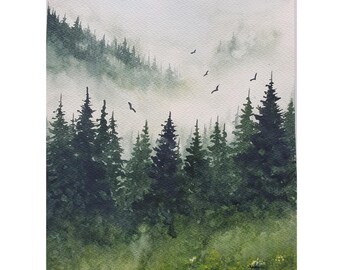 Original Watercolor Painting: Oregon Foggy Pine Forest Landscape (8x10 Unframed)