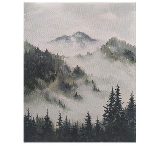 Dipinto dell'Oregon 8"-10" Foresta di pini di montagna nebbiosa Arte originale ad acquerello Paesaggio di foresta sempreverde Alberi di pino nebbiosi Arte Paesaggio fumoso