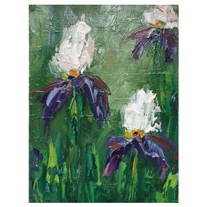 Pintura de íris 5"-7" Flores Pintura a óleo original Arte de parede floral Arte de impasto de íris Pintura de flores roxas Arte floral Pequena pintura