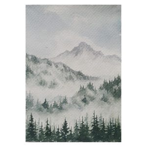 Montagne Rocciose Dipinto 5"-7" Foresta di pini di montagna nebbiosa Acquerello originale Paesaggio sempreverde fumoso del Colorado Alberi di pino nebbiosi Arte murale