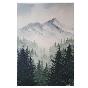 Dipinto di foresta di pini nebbiosa 5"-7" Acquerello originale Pacific Northwest Misty Mountain Forest Landscape Art Alberi di pino sempreverdi Wall Art