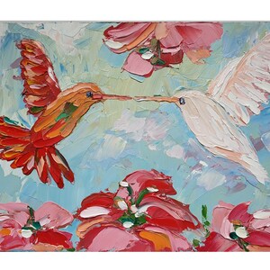 Pintura de beija-flores 8 "-10" Pintura a óleo original Impasto Dois beija-flores e flores Arte de parede Pássaros Arte de animais Pintura de pássaros Presente para amantes