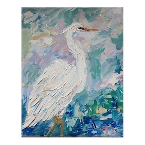 Pintura de garza blanca 8"-10" Pintura al óleo original Pájaro Impasto Obra de arte al óleo Animales Arte mural Arte de pájaro blanco por Desi Guteva